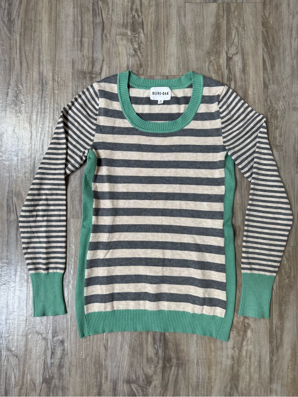 Olive & Oak Gray and Cream Striped Sweater with Green Trim
